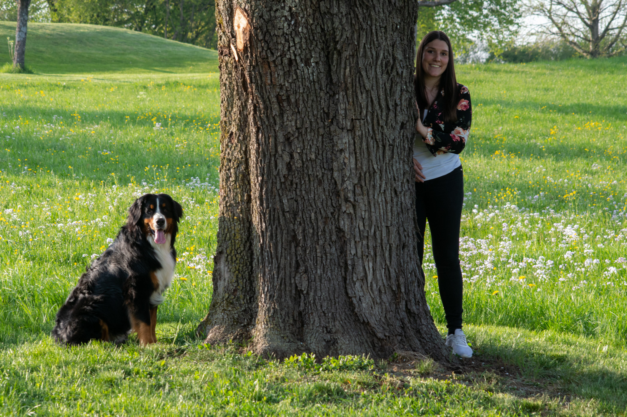 Hundetrainerin Nadja Amann mit Berner Sennenhund Buddy neben Ihr.